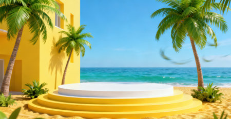 3d render of podium on the beach with palm trees and sea backgroundの素材