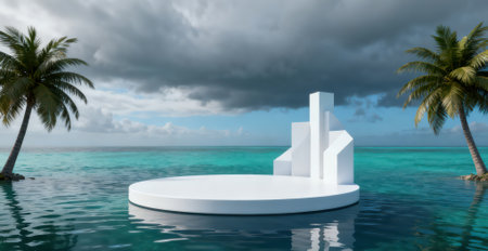 3D render of white podium in the ocean with palm trees and cloudsの素材