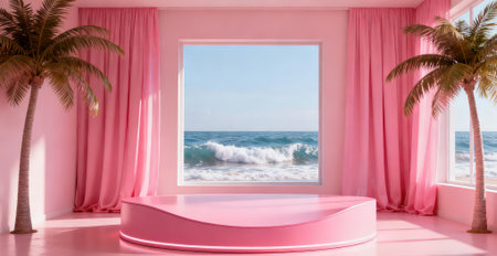 3D rendering of a pink podium against the backdrop of the seaの素材