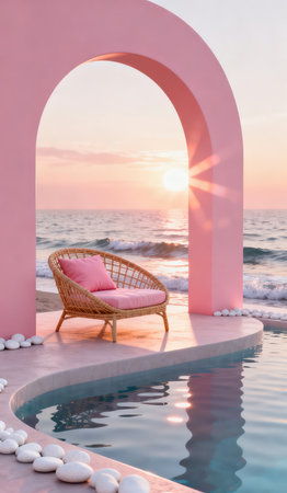 Wicker chair near swimming pool in luxury hotel resort with sea view at sunsetの素材