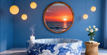 Bathroom interior with round mirror and blue bathtub on the sea backgroundの素材