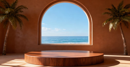 Wooden podium on the background of the sea. 3D renderingの素材