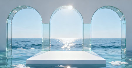 3d render of white podium on the background of sea and skyの素材