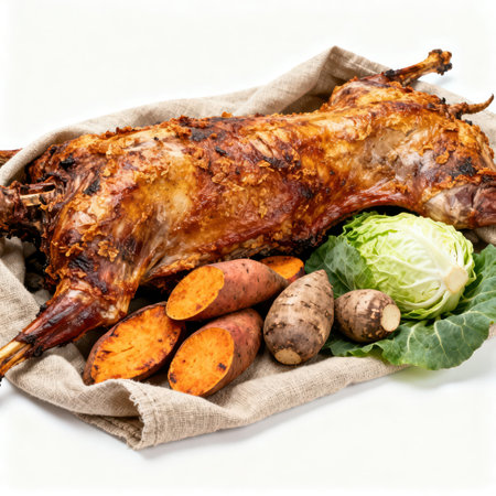 Roast lamb with potatoes on a white background. Toned.の素材