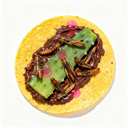 Grasshoppers on corn tortilla with chocolate sauce, top viewの素材