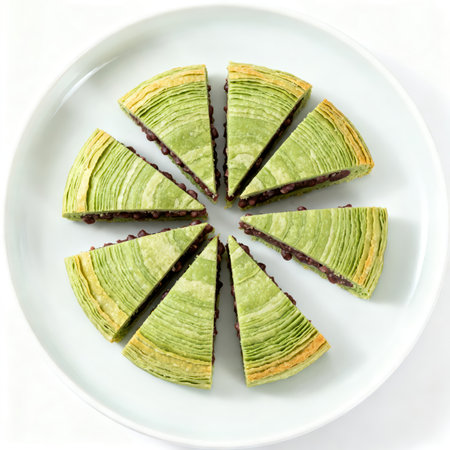 Green tea crepe cake with chocolate topping on white plate. Top view.の素材