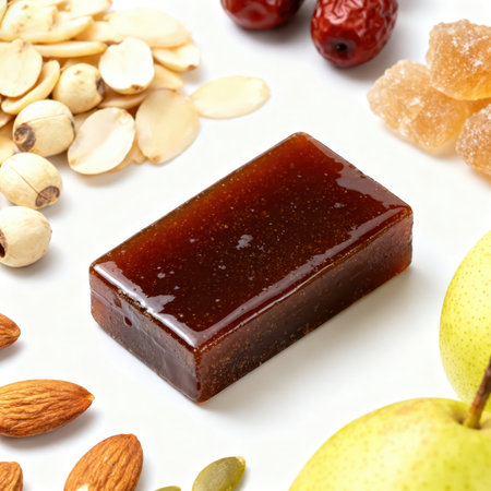 Handmade soap with nuts and dried fruits on a white background.の素材