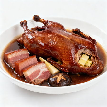 roast duck in soy sauce on white background. Chinese cuisine.の素材