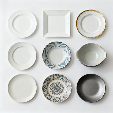 Set of ceramic plates and bowls on white background, top view.の素材