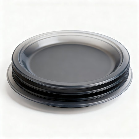 3d illustration of black plastic plate isolated on white background with clipping pathの素材