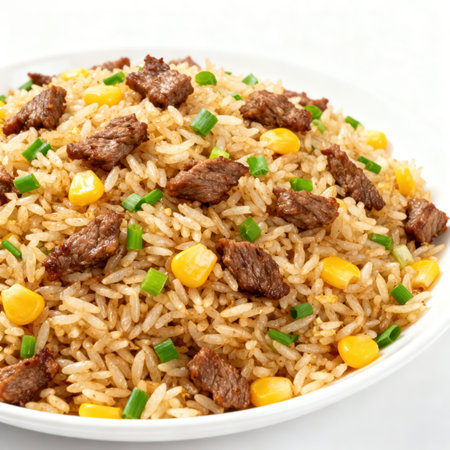Fried rice with beef, corn and green onion on white backgroundの素材