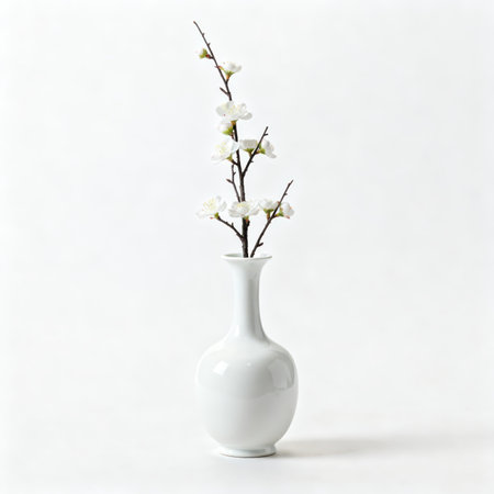 White vase with blossoming branches on a white background. Isolatedの素材