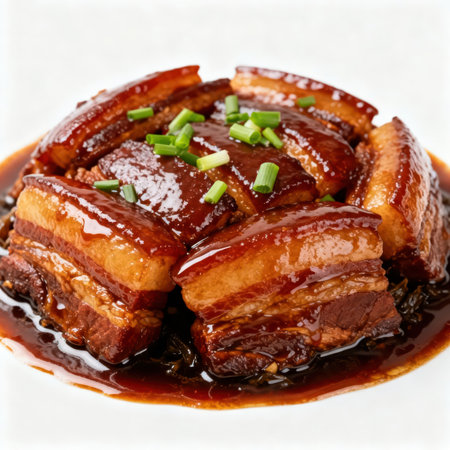 Braised pork belly in soy sauce on white background, close upの素材