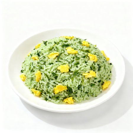 Rice with scrambled eggs and parsley on a white background.の素材