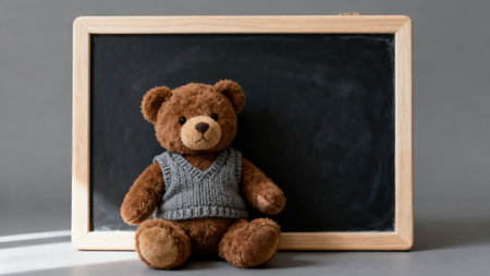 Teddy bear sitting next to blackboard with copy space on gray backgroundの素材