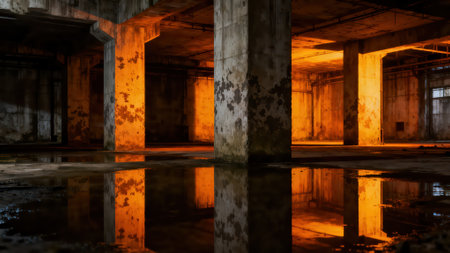 Abandoned industrial interior with reflection in water. 3d renderingの素材