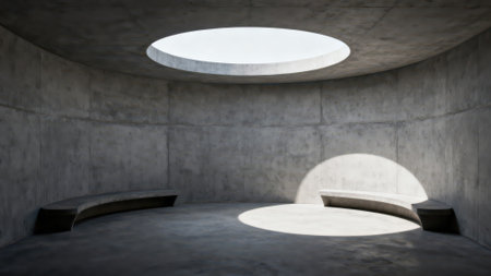 Abstract concrete interior with round window. 3d render illustration, mock upの素材