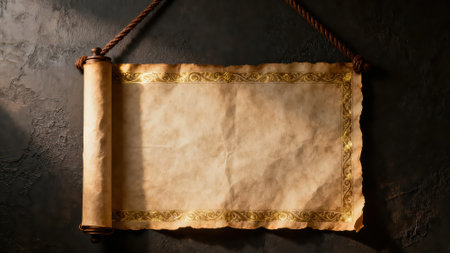 Old paper scroll hanging on the wall with copy space for your textの素材