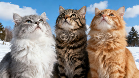 Three cats sitting in the snow on a background of blue sky.の素材