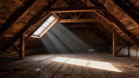 Interior of an old attic with beams of light from the windowの素材