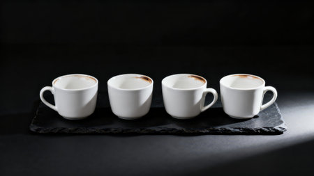 Three white cups of cappuccino on a black background.の素材