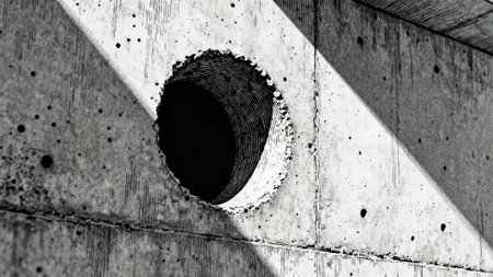 Black and white image of an industrial hole in a concrete wall.の素材