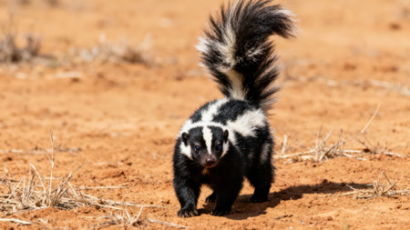A black and white striped Skunk standing on the ground in Namibiaの素材