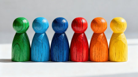 Wooden figures of different colors standing in a row on a white backgroundの素材