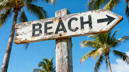 Beach sign with coconut tree and coconut palm trees in background.の素材