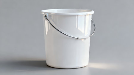 White plastic bucket on a gray background. 3d render illustration.の素材