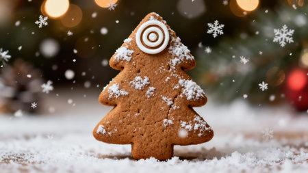 Gingerbread Christmas tree on snow with bokeh lights backgroundの素材