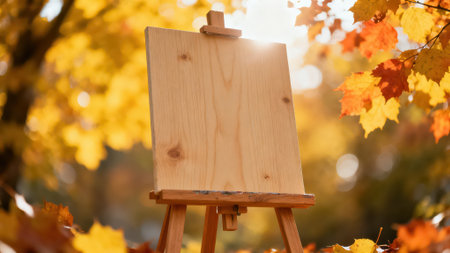 Wooden easel with blank canvas and autumn leaves on blurred backgroundの素材