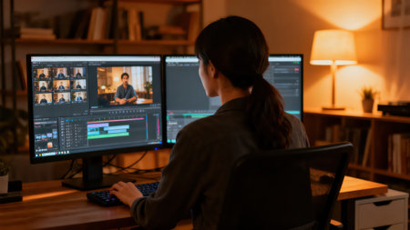 rear view of young woman using computer at night in home officeの素材