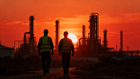 Engineer and worker walking in oil refinery at sunset,Silhouetteの素材