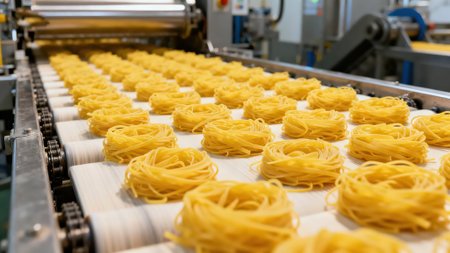 Close-up of spaghetti on a conveyor belt in a factoryの素材