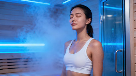 Portrait of a young woman in a sauna, steam coming from the saunaの素材