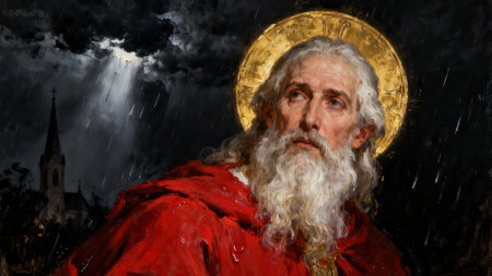 Santa Claus in a red coat with a golden coin in his handsの素材