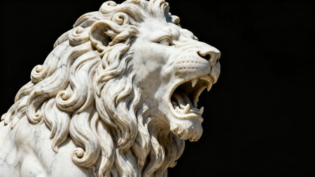 lion statue in front of a black background, closeup of photoの素材