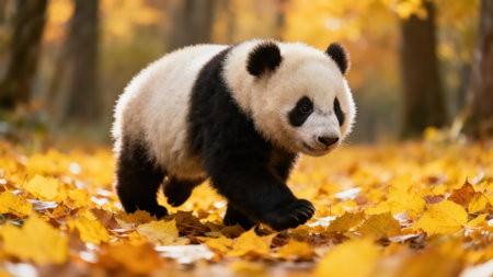 Giant panda walking in autumn forest. Giant panda walking in autumn forest.の素材
