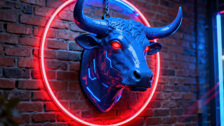 Neon bull head on red brick wall background in neon light.の素材