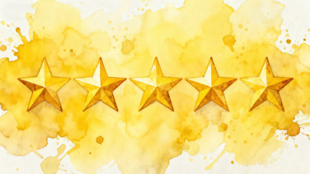 Five golden stars on a watercolor background. The concept of rating, ranking and evaluation.の素材