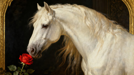Portrait of a white horse with a red rose in the foregroundの素材