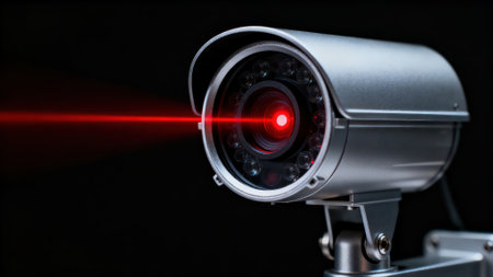 CCTV security camera with red light on black background. 3d renderingの素材