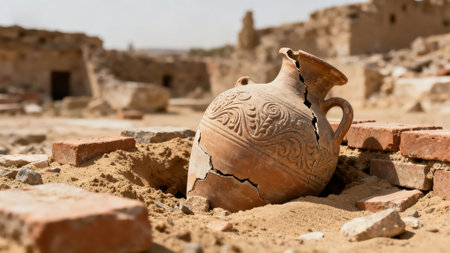 Ancient earthenware on the sand of an ancient city.の素材