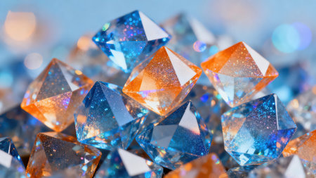 Macro shot of a group of diamonds on shiny blue background.の素材