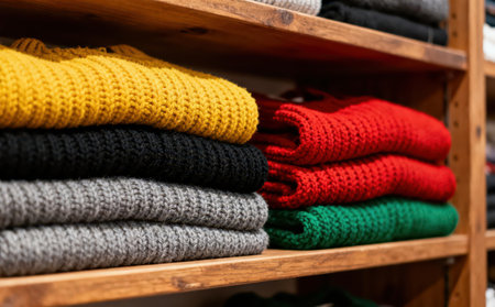 A stack of knitted sweaters on a shelf in a storeの素材