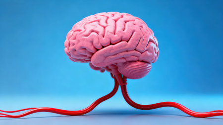 Human brain with red cable on blue background. 3D illustration.の素材