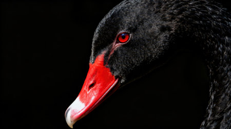 Black swan on black background, close-up portrait of a birdの素材