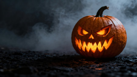 Halloween pumpkin with scary face and smoke on dark background, Halloween conceptの素材