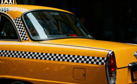Yellow taxi cab with checkered roof and black and white stripesの素材
